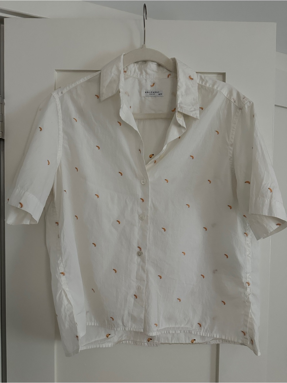 Equipment White Short-Sleeve Button-Down with Orange Embroidered Banana Print